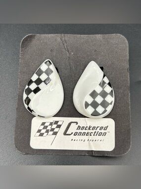 90s Porcelain Checkered Connection Earrings Black White Racing Post Vintage